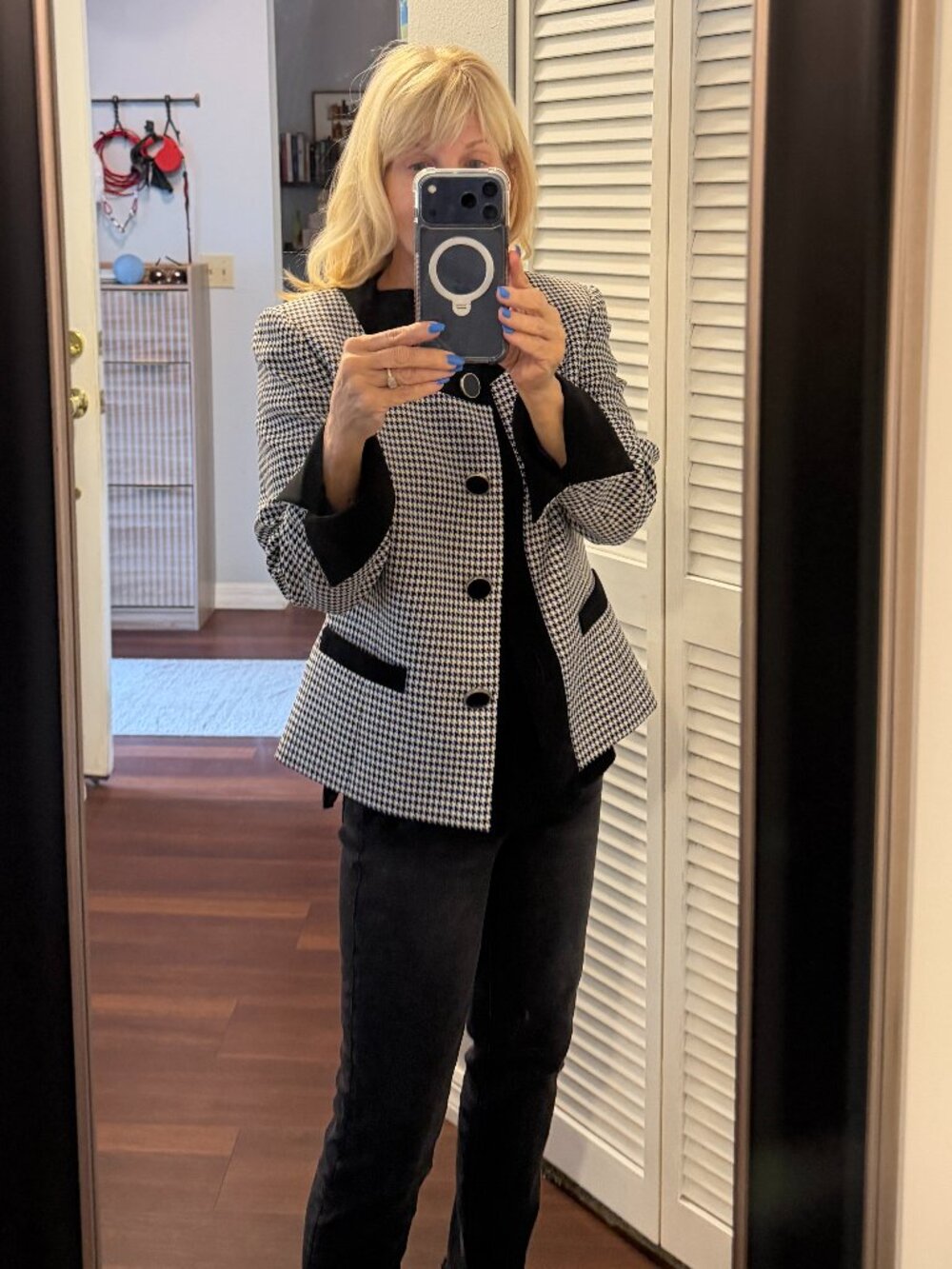 EVAN PICONE Houndstooth Blazer Jacket, Black, White & Royal Blue, Size 10